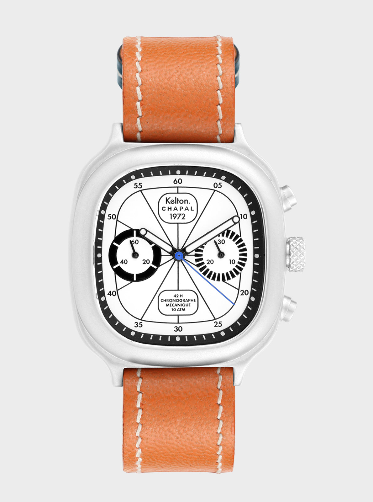 Image of Montre chronographe Kelton Chapal 1972, bracelet cuir orange, cadran noir et blanc