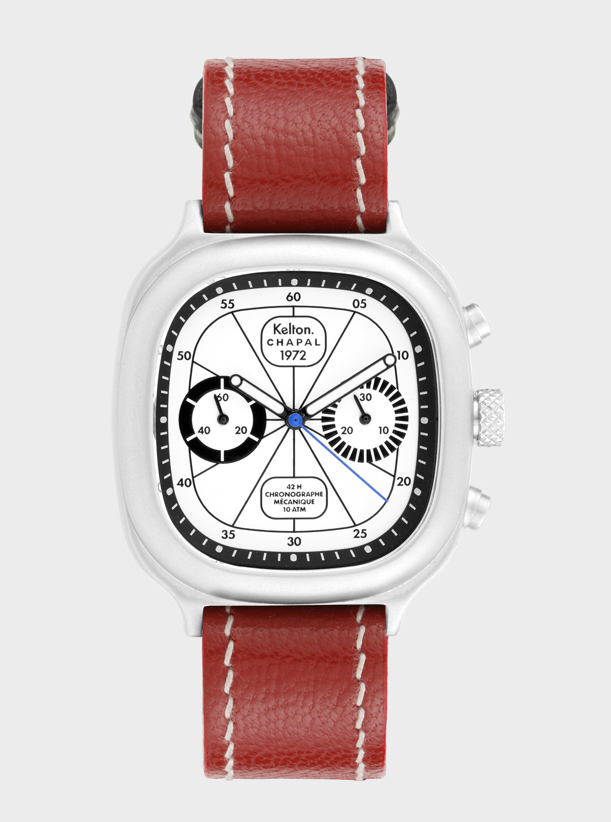 Image of Montre chronographe Kelton Chapal 1972, bracelet cuir rouge, cadran noir et blanc
