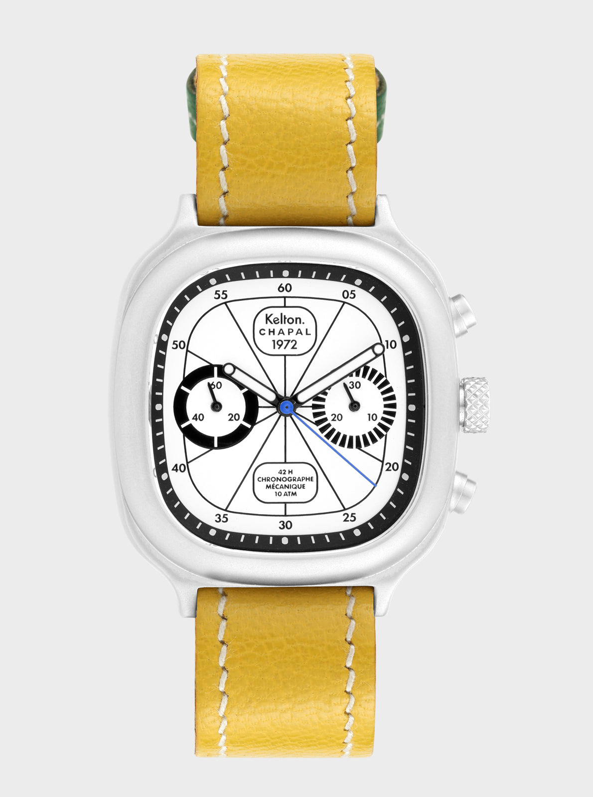 Image of Montre chronographe Kelton Chapal 1972, bracelet cuir jaune, cadran noir et blanc