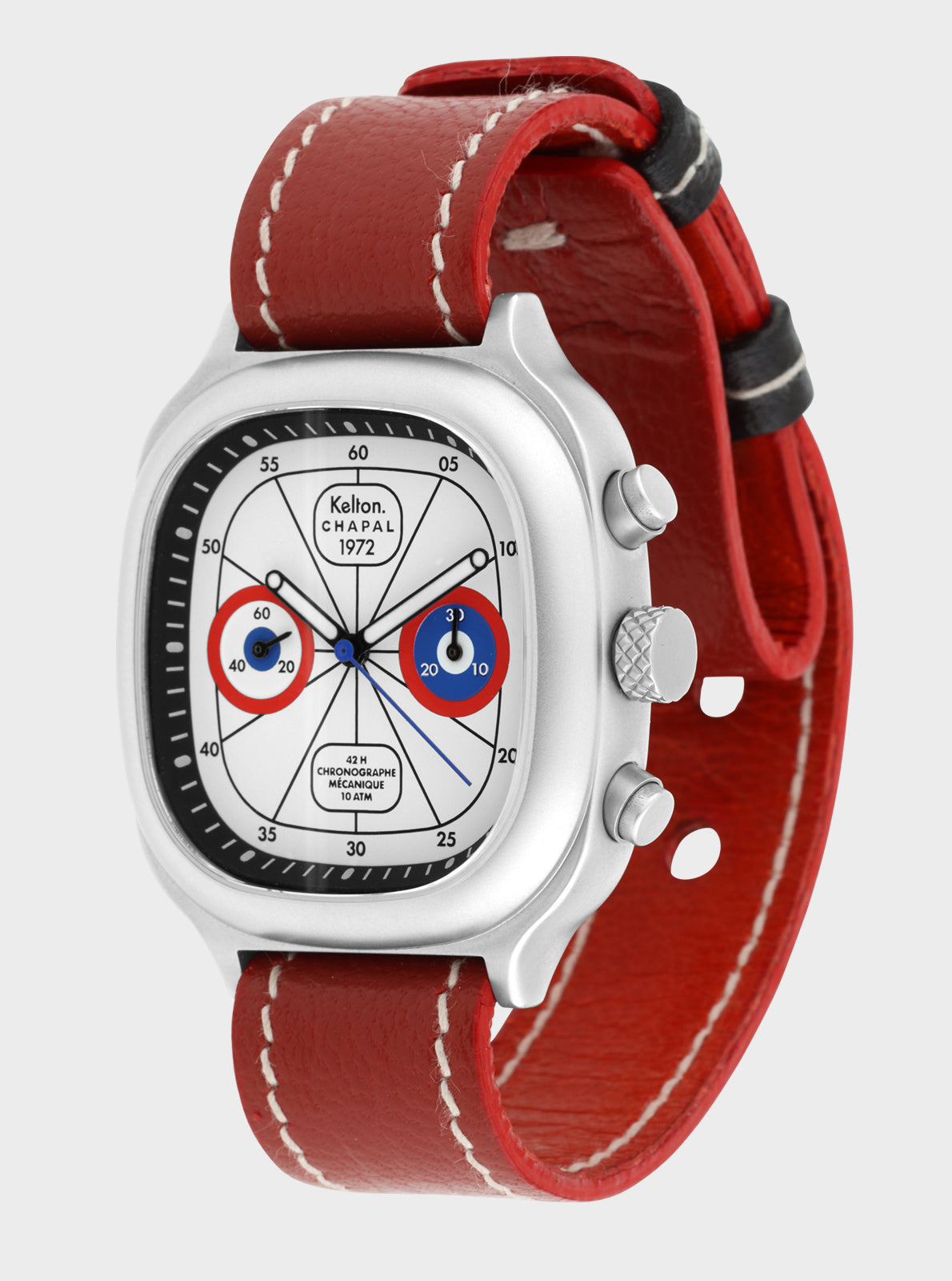 Image of Montre chronographe Kelton x Chapal à bracelet cuir rouge, boîtier argent et cadran noir