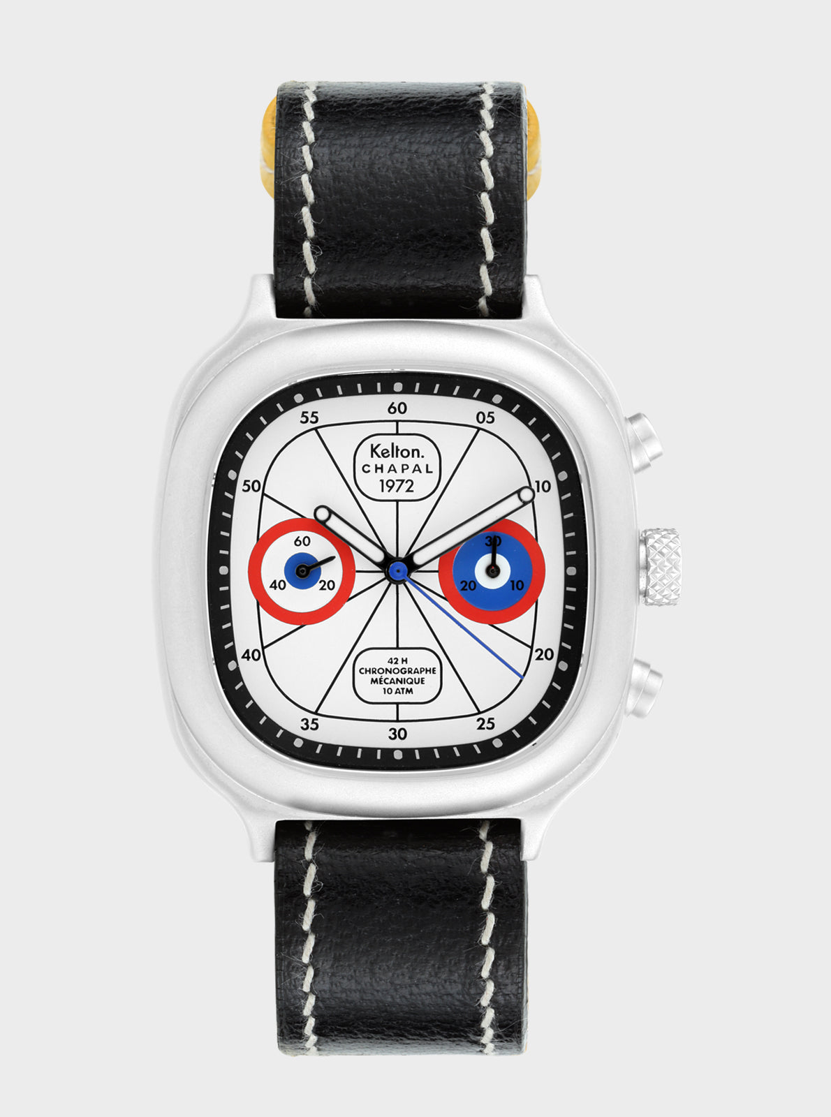Image of Montre chronographe Kelton x Chapal, bracelet cuir noir, cadran noir et compteurs bleus