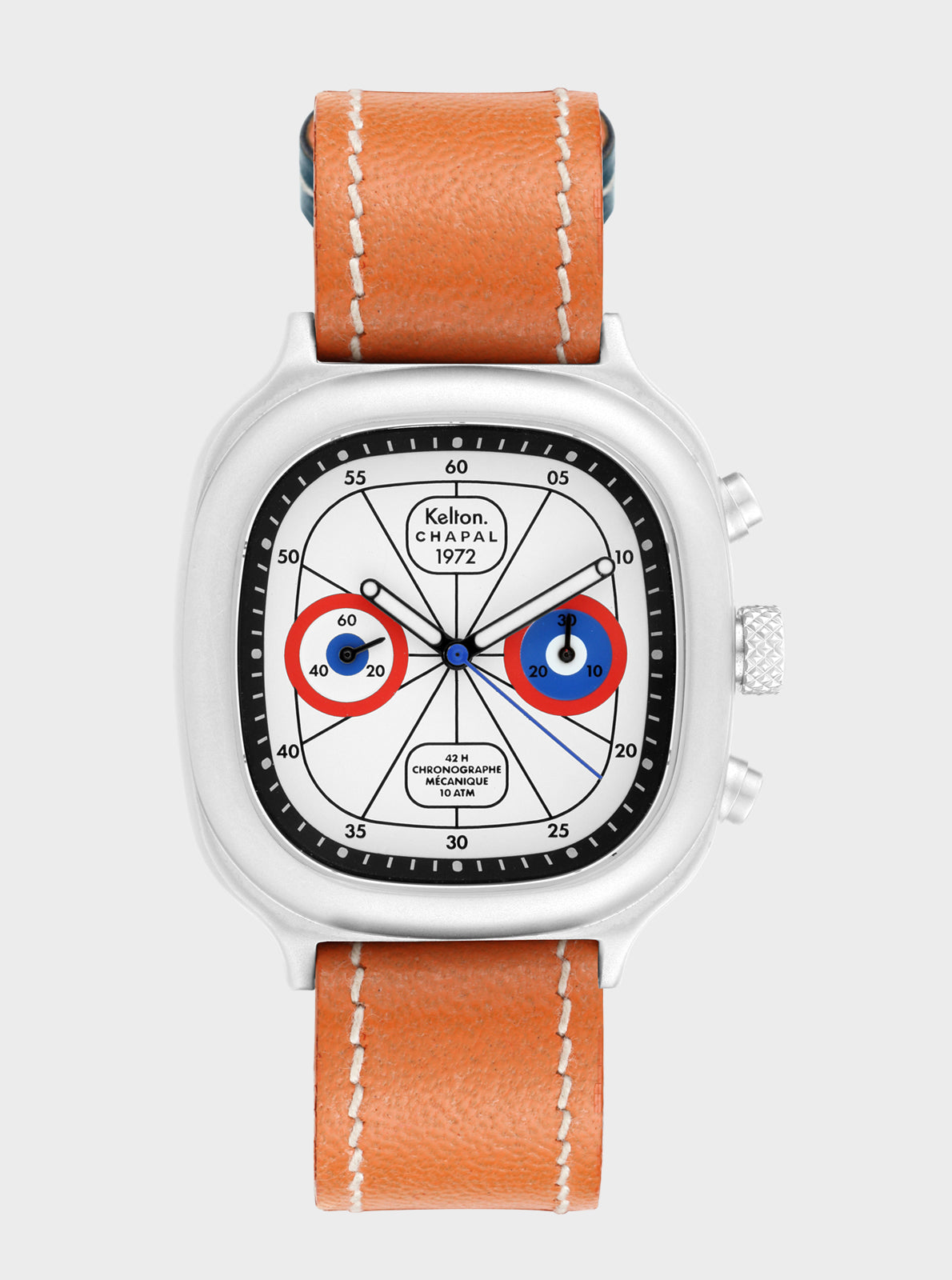 Image of Montre chronographe Kelton x Chapal, bracelet cuir orange, cadran noir et compteurs bleus