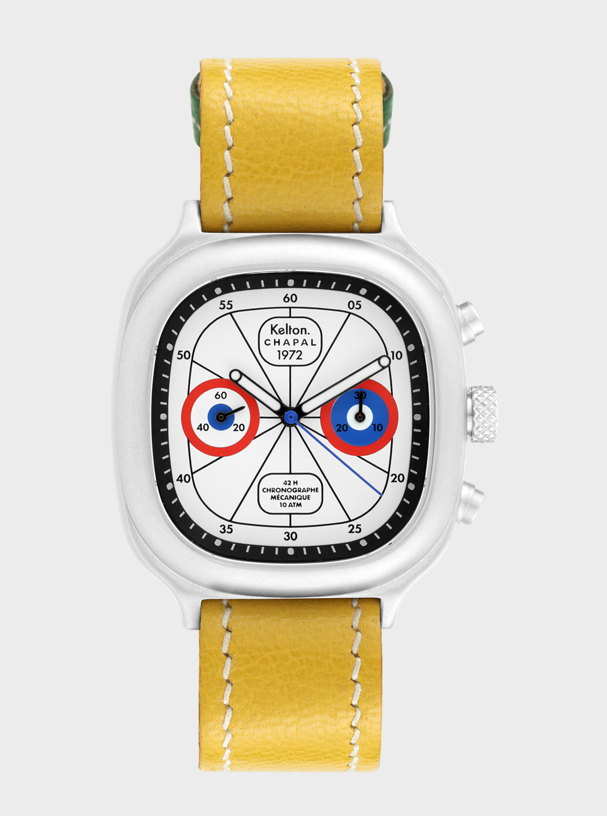 Image of Montre chronographe Kelton x Chapal, bracelet cuir jaune, cadran noir et compteurs bleus