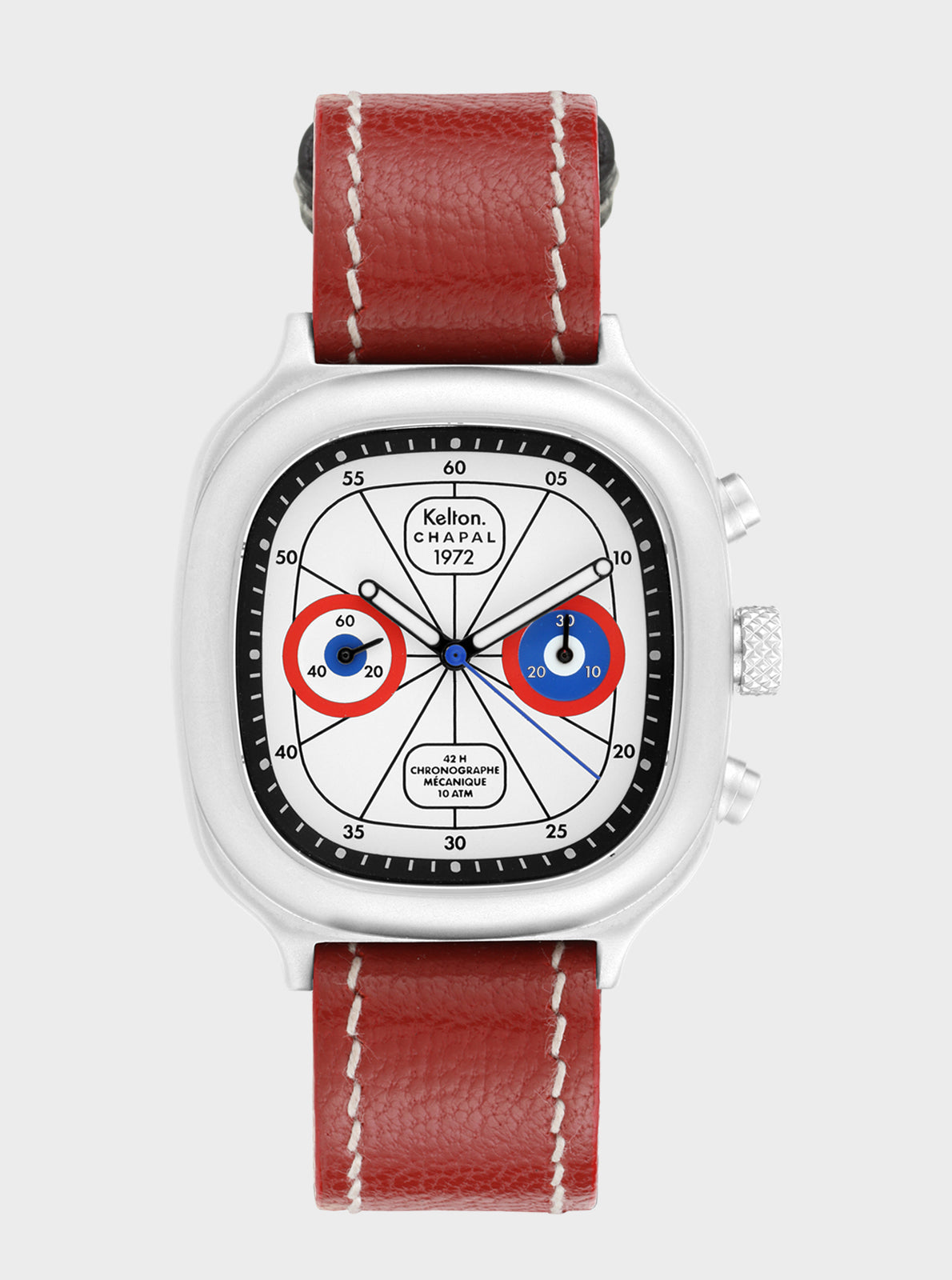 Image of Montre chronographe Kelton x Chapal, bracelet cuir rouge, cadran noir et compteurs bleus