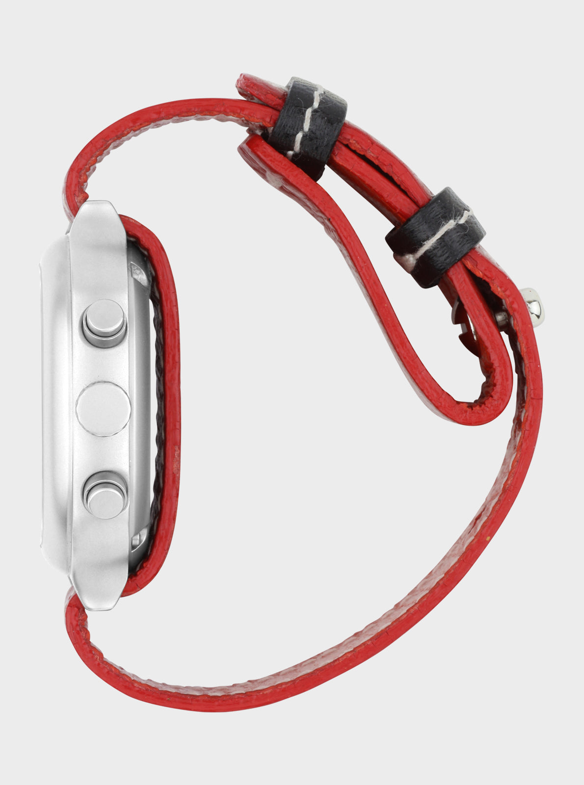 Image of Montre chronographe bracelet cuir rouge avec boucle noire, boîtier argent