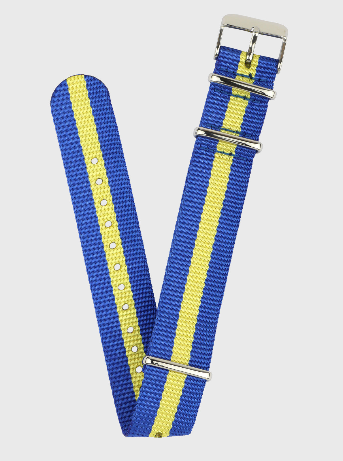 Image of Bracelet Nato 20 mm bleu à rayures jaunes, boucle argentée.