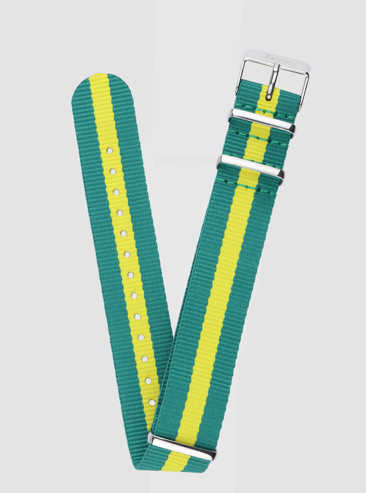 Image of Bracelet Nato 20 mm vert à rayures jaunes, boucle argentée.