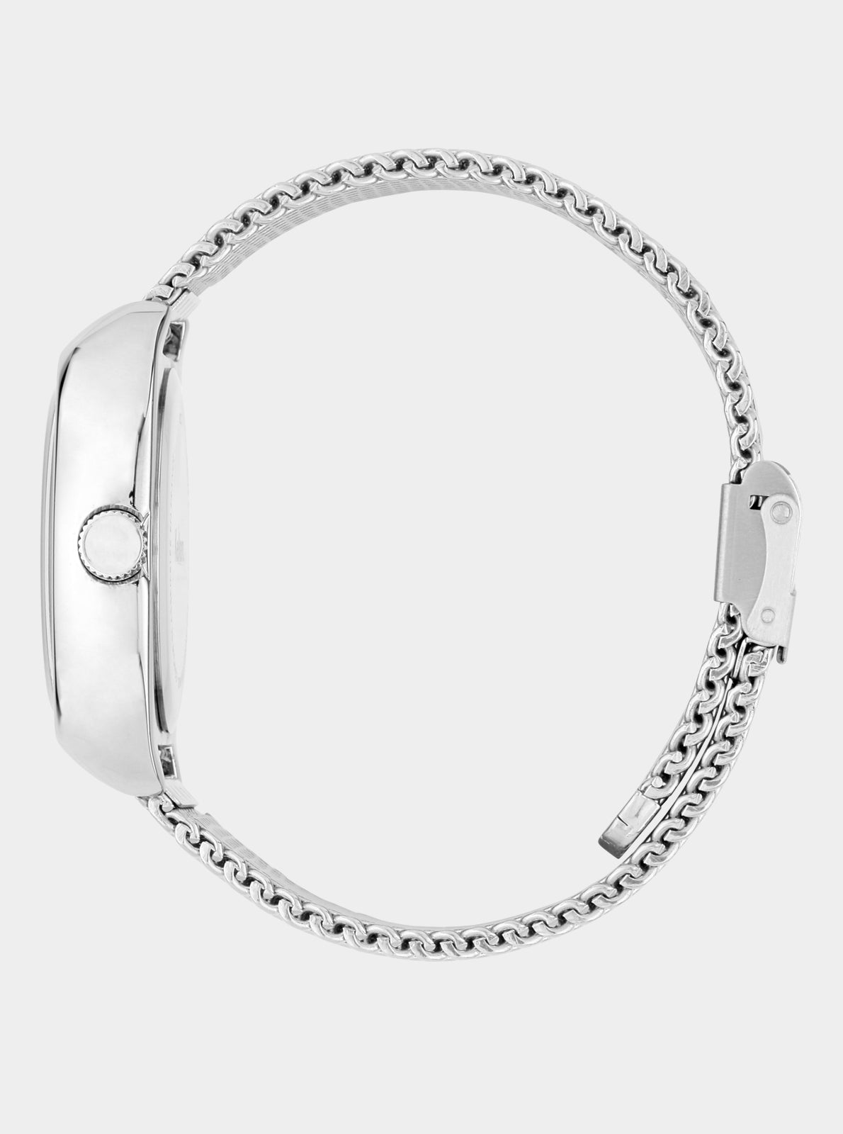 Image of Montre Kelton RC2 vue de côté, boîtier argenté et bracelet maille acier