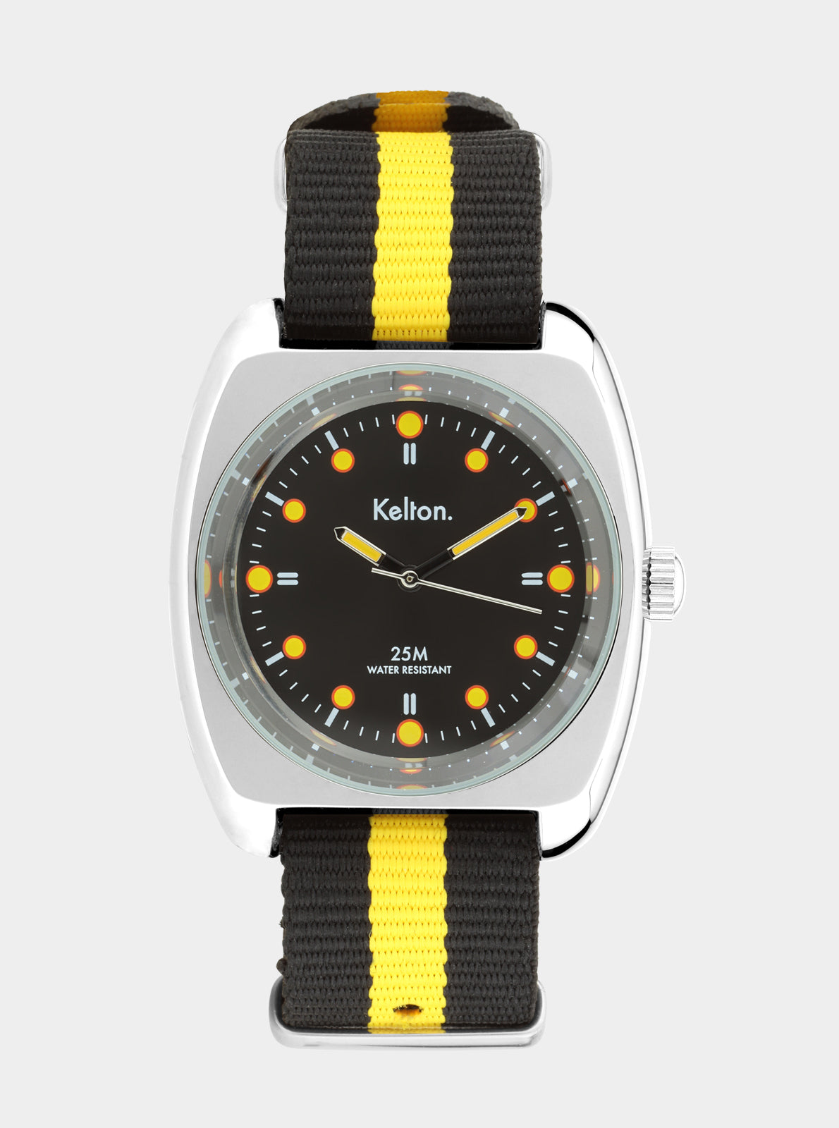 Image of Montre Kelton cadran noir à index jaunes, bracelet NATO rayé jaune et noir