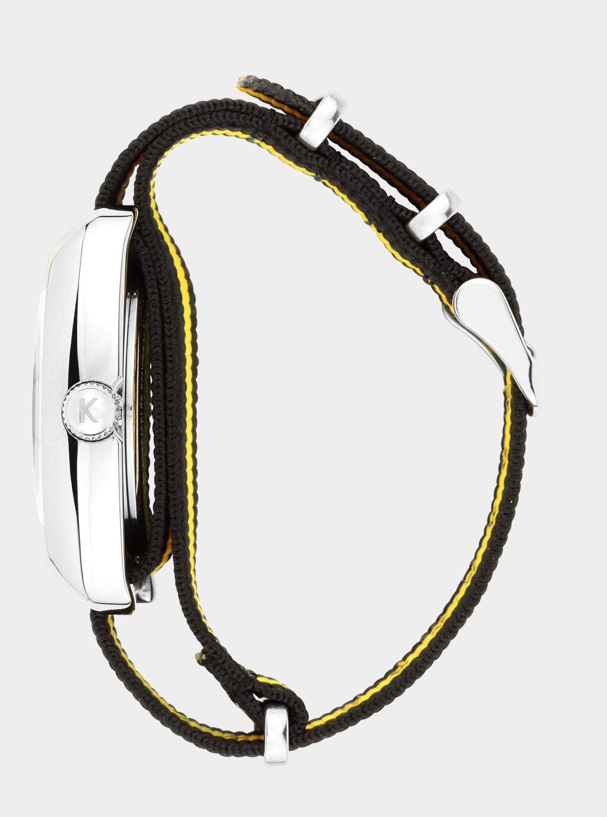 Image of Montre Kelton bracelet NATO rayé noir et jaune avec passants, boîtier acier argenté.