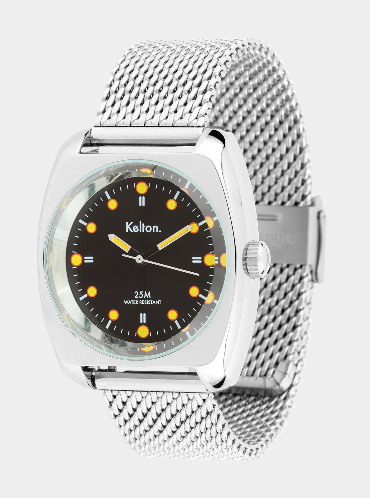 Image of Montre Kelton RC2 cadran noir, bracelet maille acier et boîtier rectangulaire arrondi
