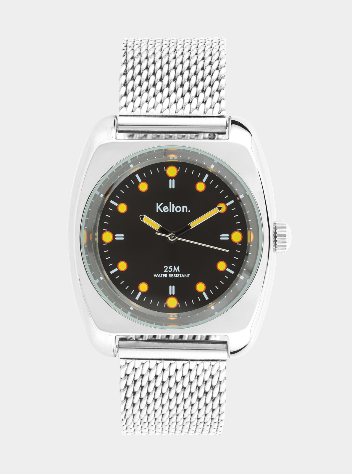 Image of Montre Kelton cadran noir à index jaunes, bracelet maille argent