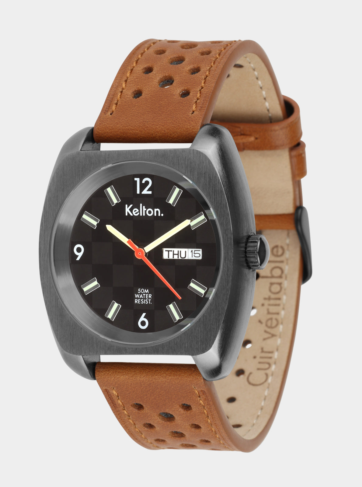 Image of Montre Kelton RC 22, cadran noir damier, boîtier gris et bracelet cuir marron