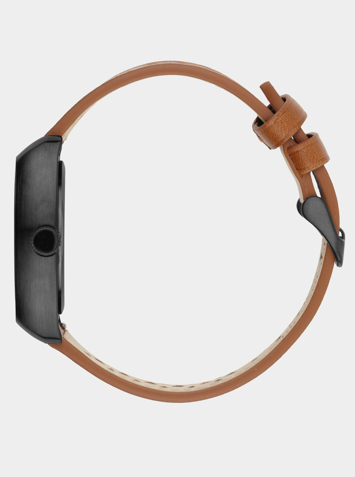 Image of Montre-bracelet RC 22, profil boîtier gris et bracelet cuir marron avec boucle