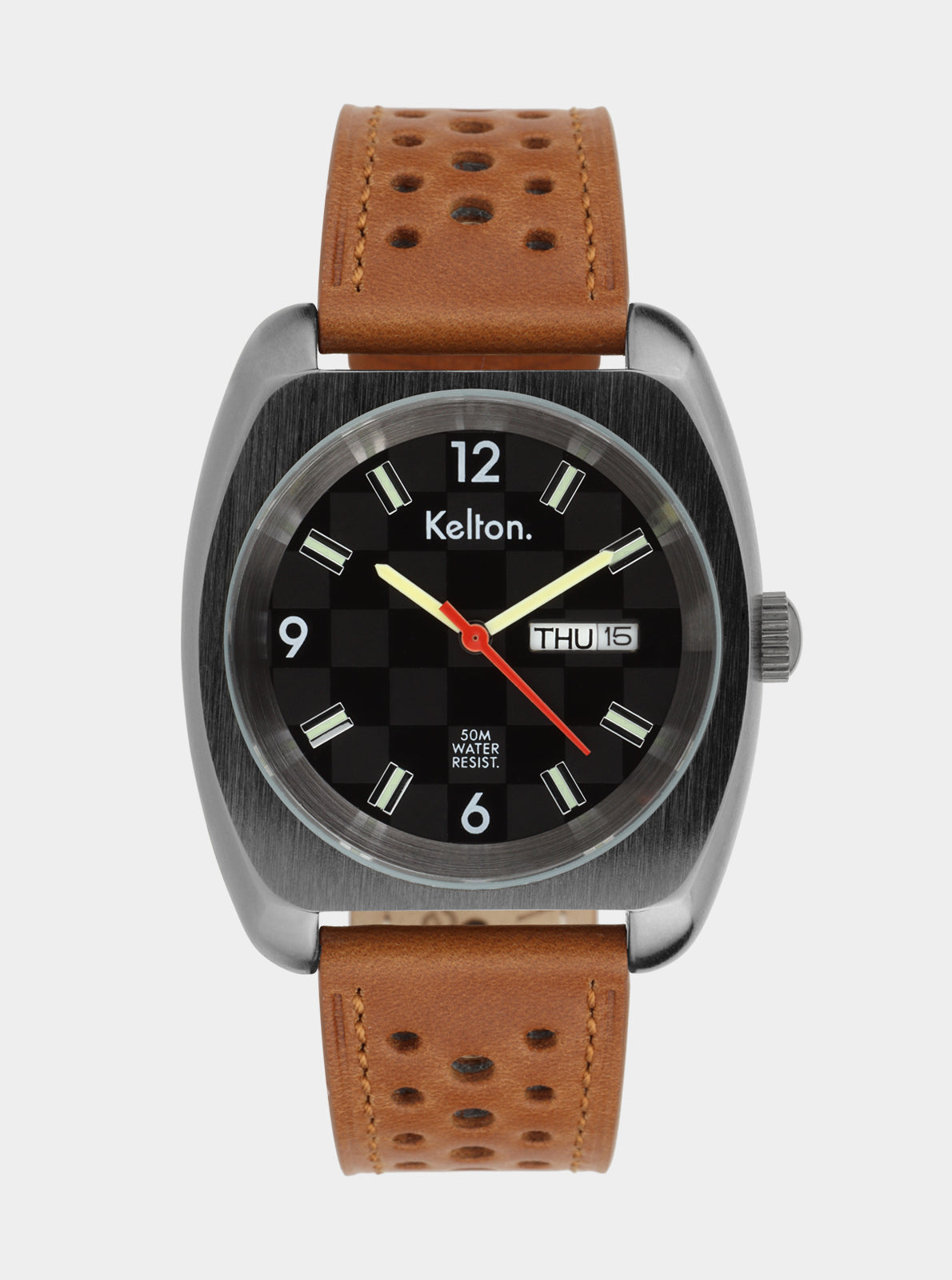 Image of Montre Kelton RC 22, cadran noir et bracelet cuir marron perforé, date.