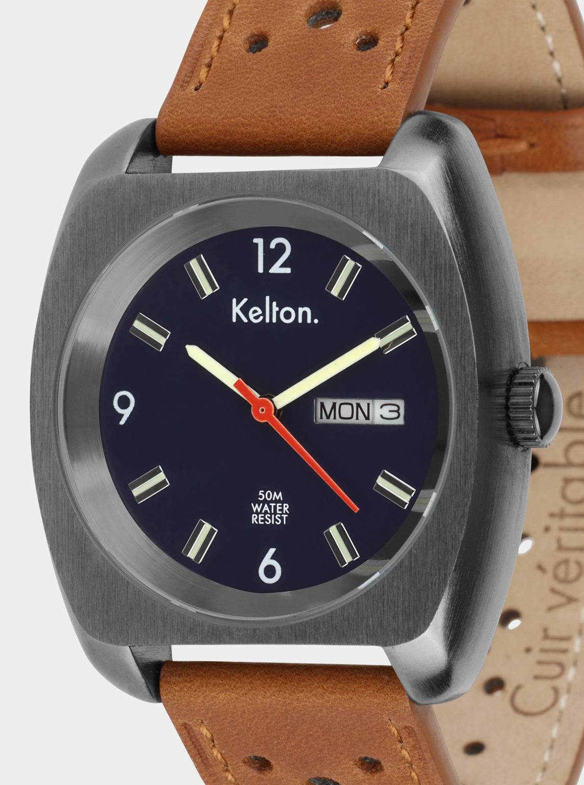 Image of Montre Kelton RC 22 cadran bleu marine, index jaunes, date « MON 3 »