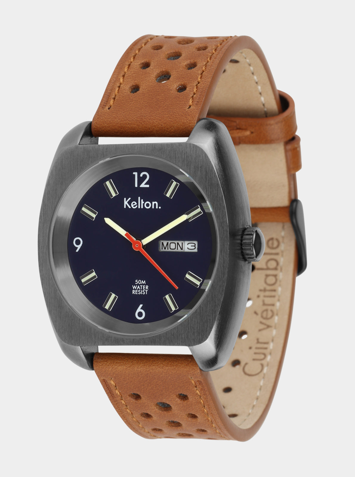 Image of Montre Kelton RC 22 vue de côté, cadran bleu marine, bracelet cuir marron