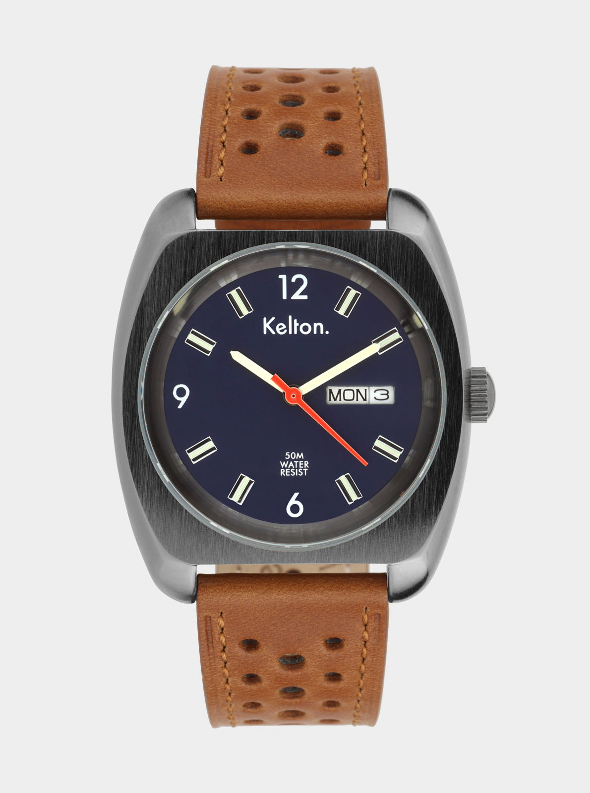 Image of Montre Kelton RC 22: cadran bleu marine, bracelet cuir marron perforé