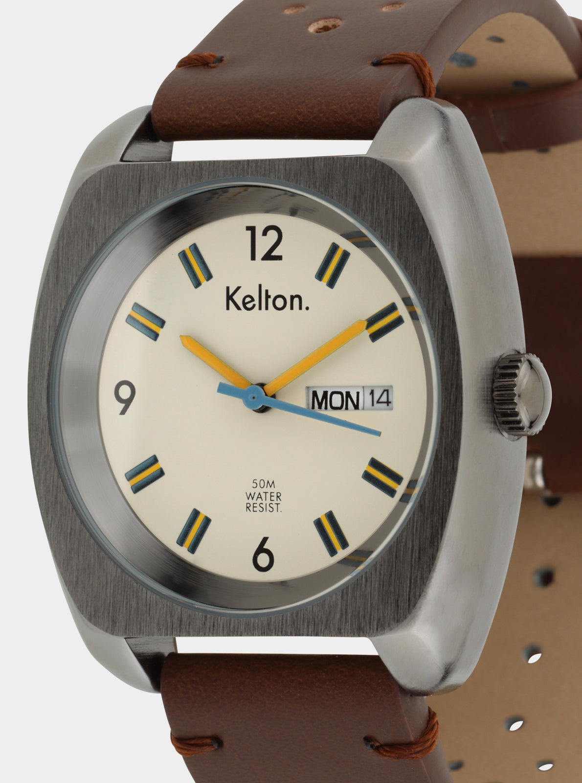 Image of Montre Kelton cadran crème à index jaunes et bleus, boîtier acier, bracelet cuir marron