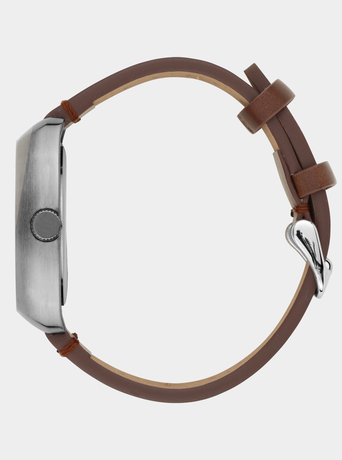 Image of Montre Kelton bracelet cuir marron et boîtier acier, vue de côté avec fermoir