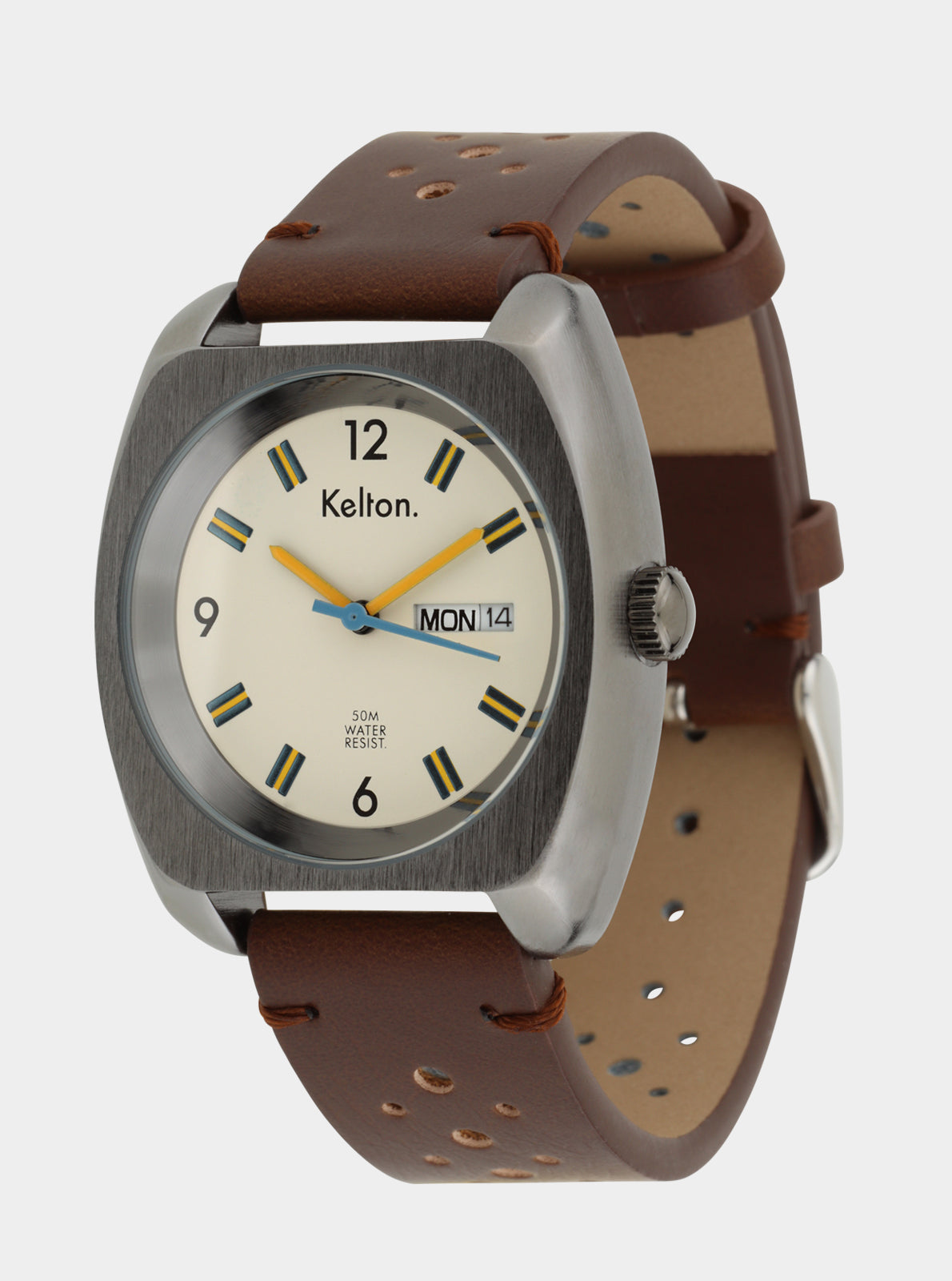 Image of Montre Kelton boîtier acier et bracelet cuir marron, cadran crème avec MON 14