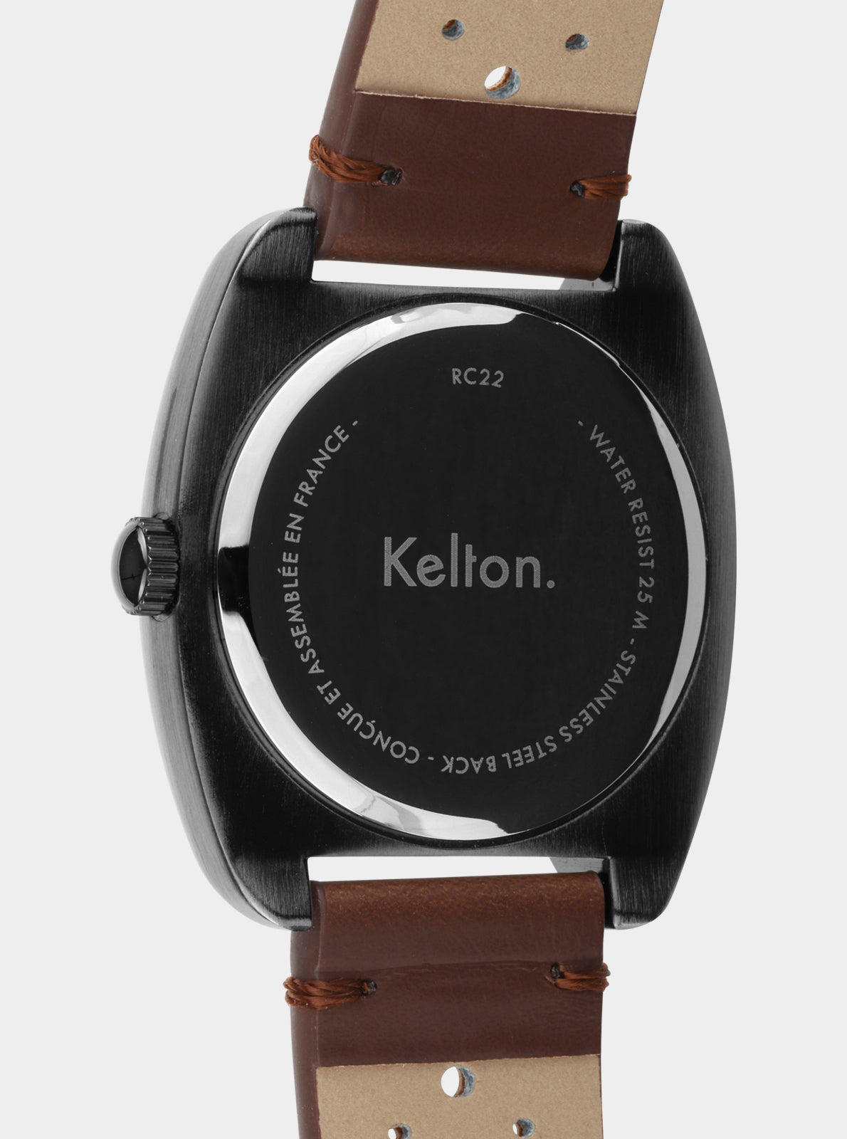 Image of Fond de montre Kelton RC22 noir, bracelet cuir marron, marquages techniques visibles