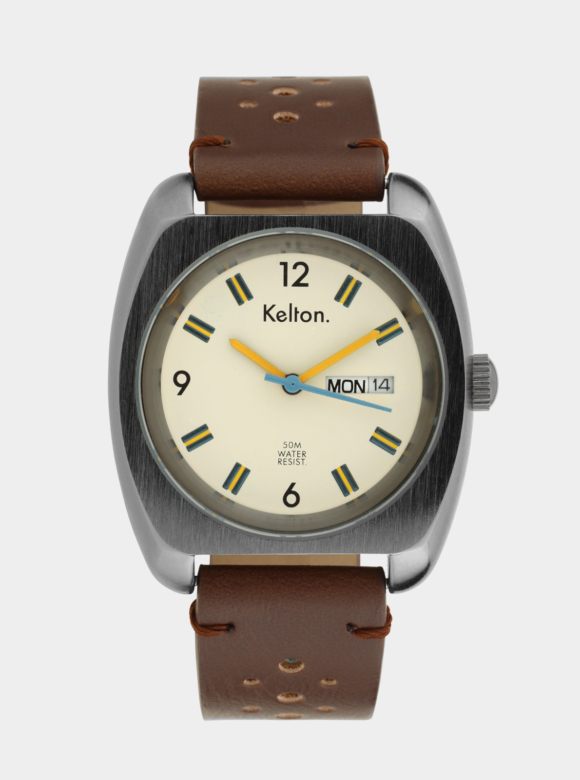 Image of Montre Kelton à cadran crème, aiguilles bleues, boîtier acier et bracelet cuir marron
