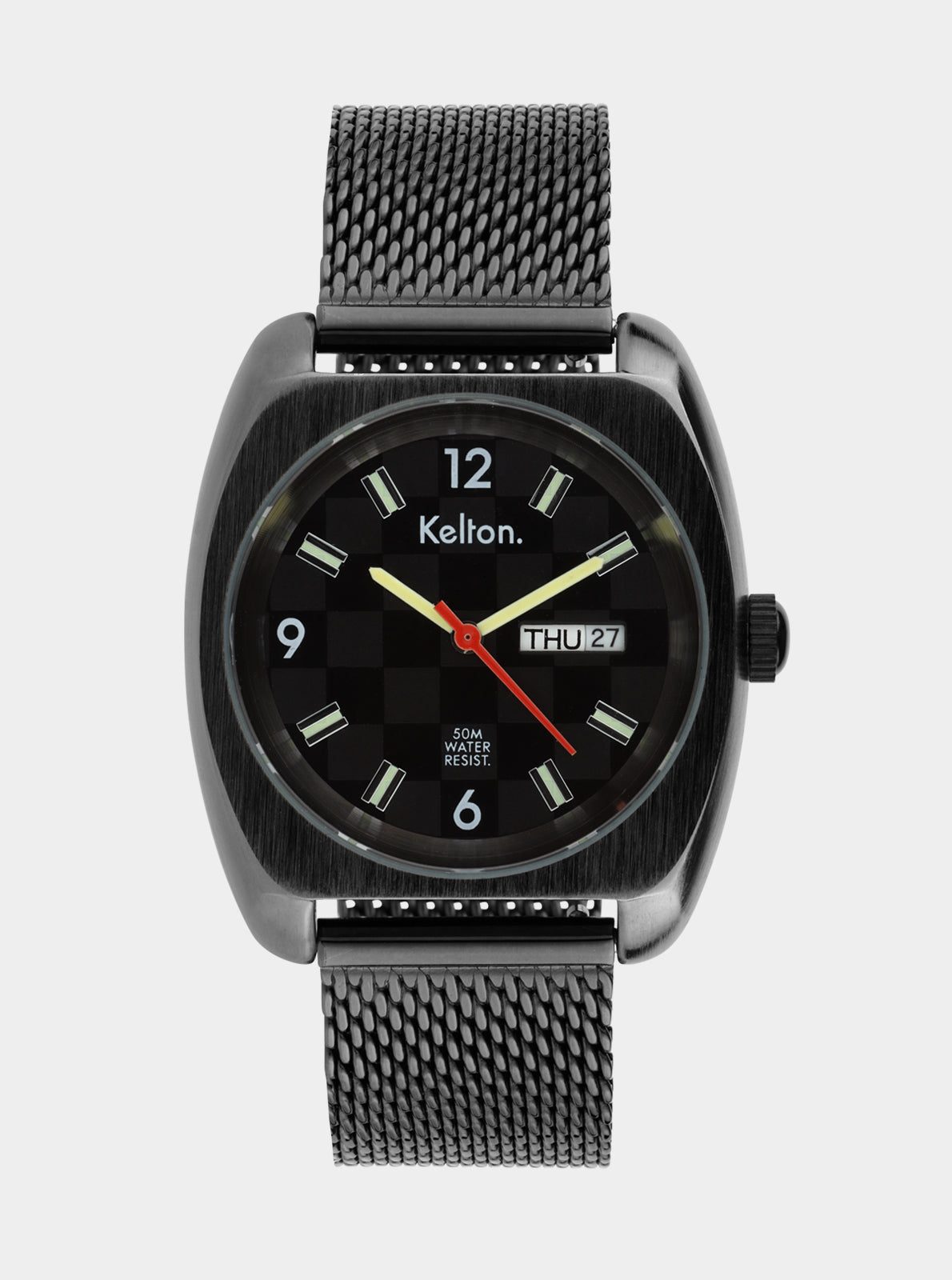 Image of Montre-bracelet noire à cadran noir, bracelet en maille métallique et aiguilles rouges