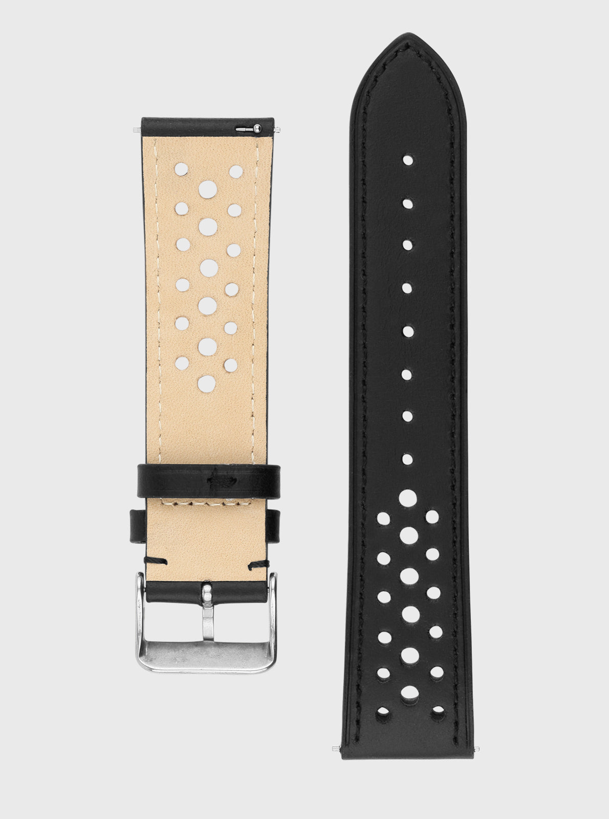 Image of Bracelet en cuir 20 mm noir, perforations rondes blanches et fermoir argent