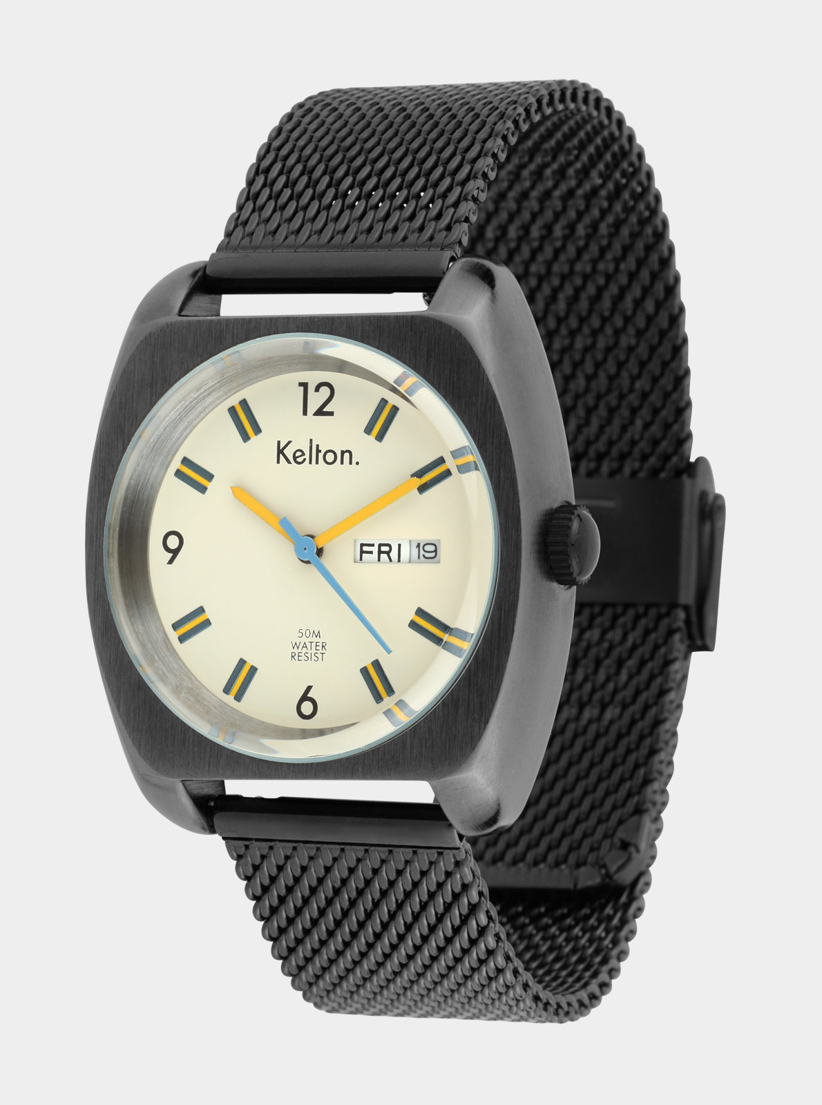 Image of Montre Kelton bracelet maille noire, cadran crème, vue de trois-quarts
