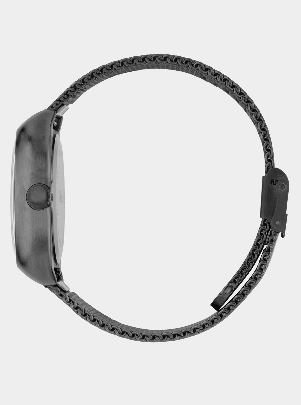 Image of Montre Kelton bracelet maille noire vue de profil, couronne sur le côté