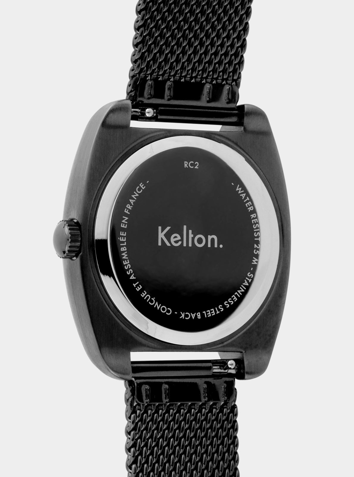 Image of Boîtier arrière de montre Kelton RC2, inscription water resistant, bracelet maille noire