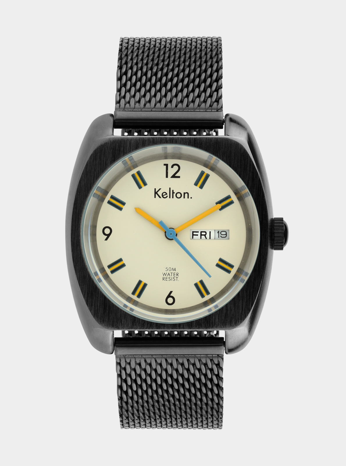 Image of Montre Kelton bracelet maille noire, cadran crème, aiguilles bleues, chiffres 12