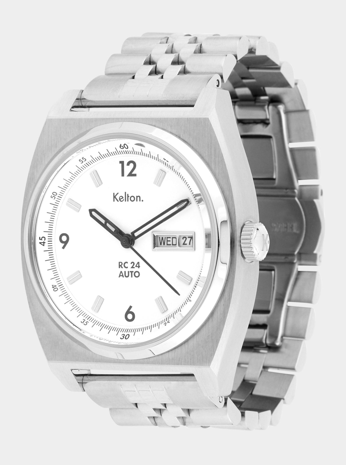 Image of Montre automatique cadran blanc RC 24, bracelet métal Jubilee, lunette argent et couronne
