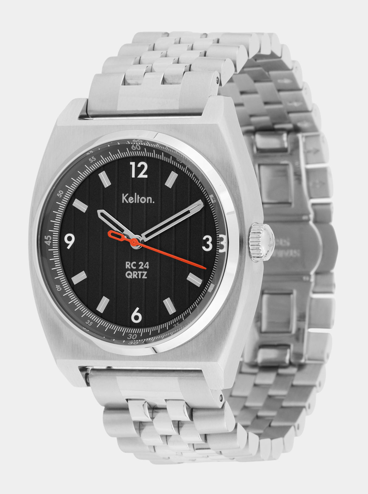 Image of Montre Kelton RC24 Quartz noire avec cadran noir, chiffres blancs et bracelet acier.