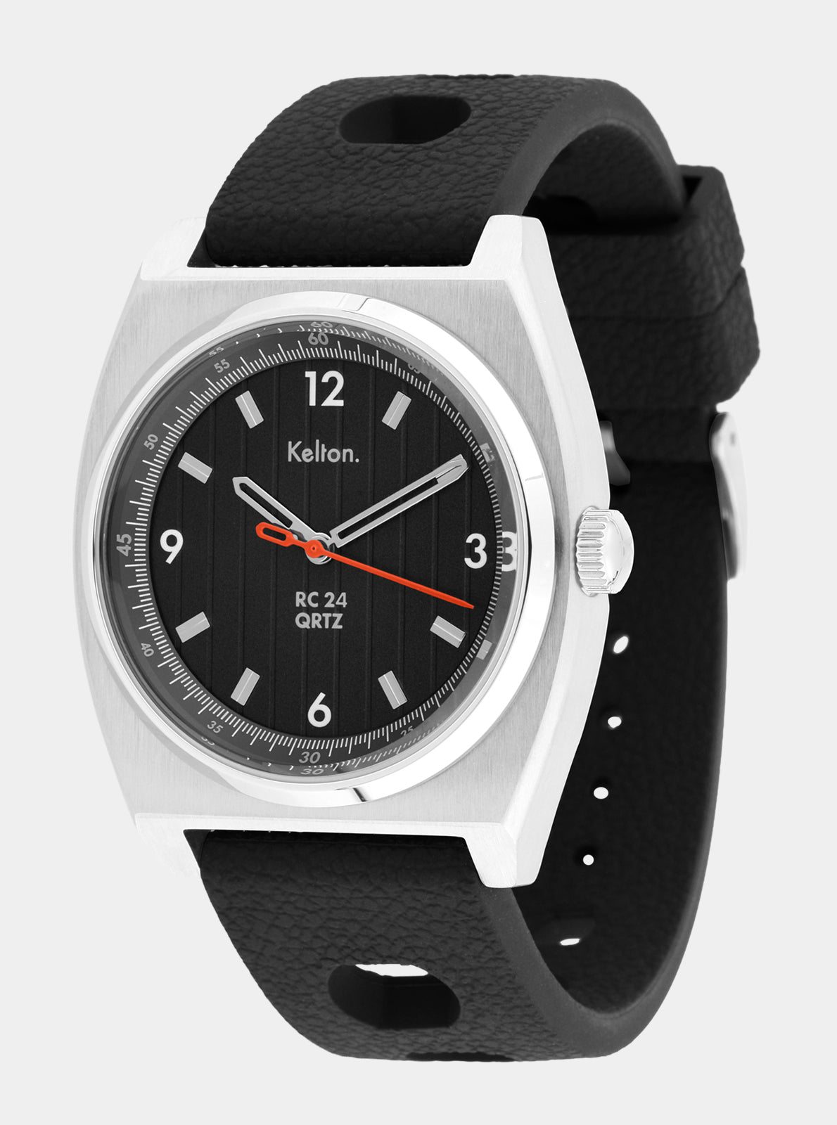 Image of Montre Kelton RC24 Quartz, cadran noir, lunette argent et bracelet noir.