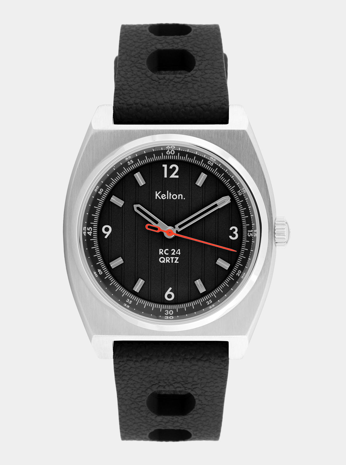 Image of Montre Kelton RC24 Quartz noire, cadran noir et bracelet en cuir noir.