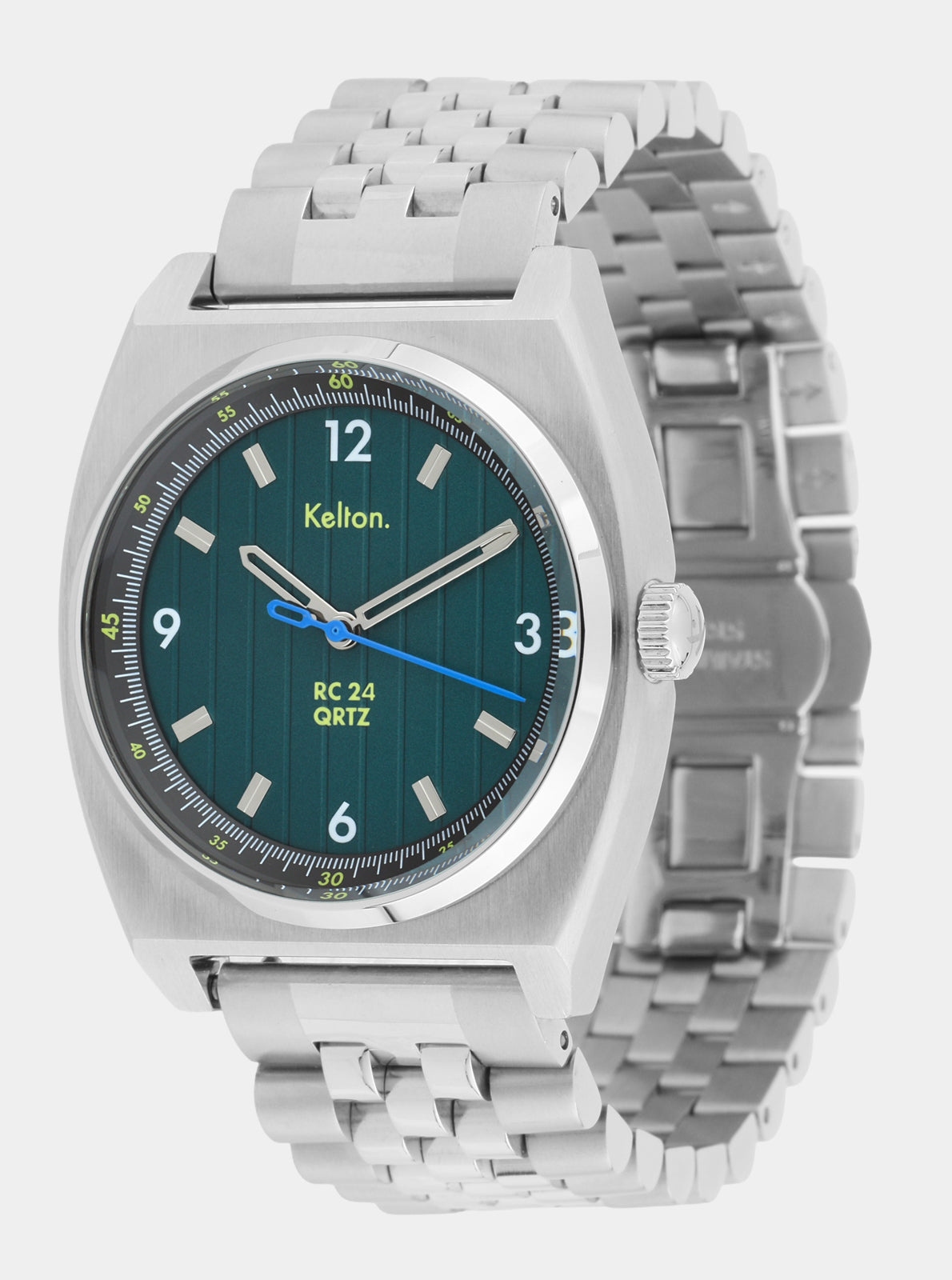 Image of Montre analogique cadran vert foncé, boîtier acier, bracelet jubilee vue trois-quarts