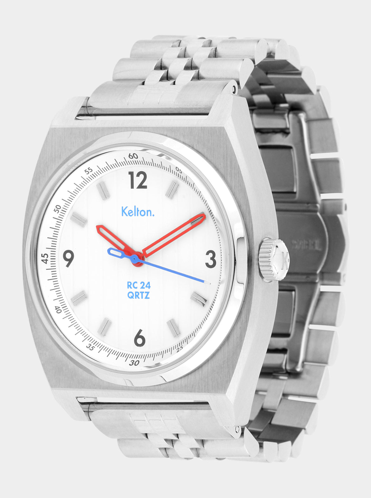 Image of Montre quartz cadran blanc, boîtier argenté, aiguilles rouges et bleues.