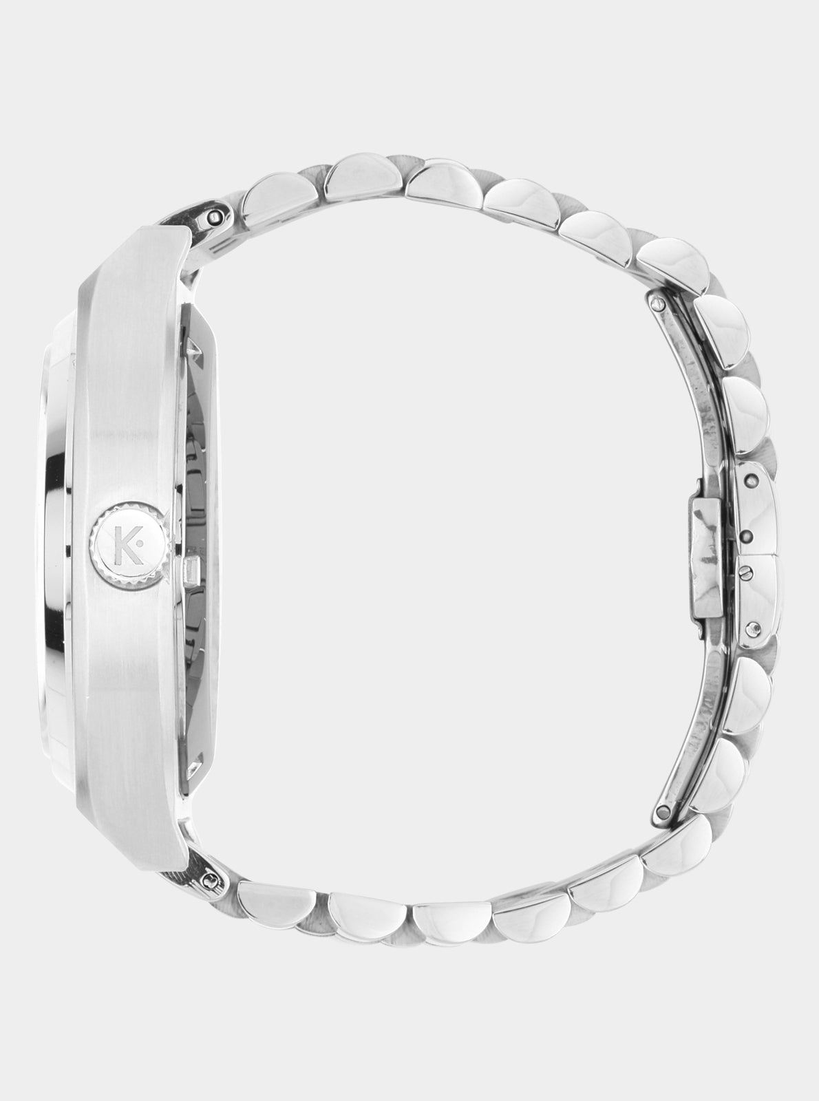 Image of Montre quartz bracelet en acier blanc, vue latérale du boîtier.