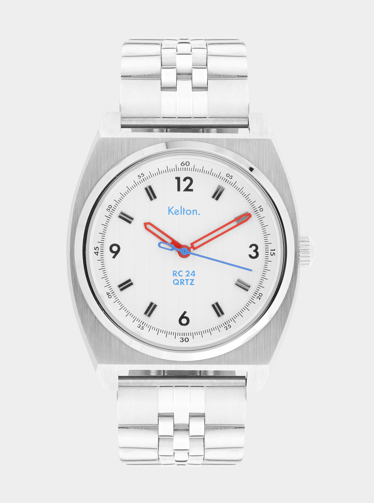 Image of Montre quartz cadran blanc, bracelet en acier blanc, aiguilles rouge et bleue.