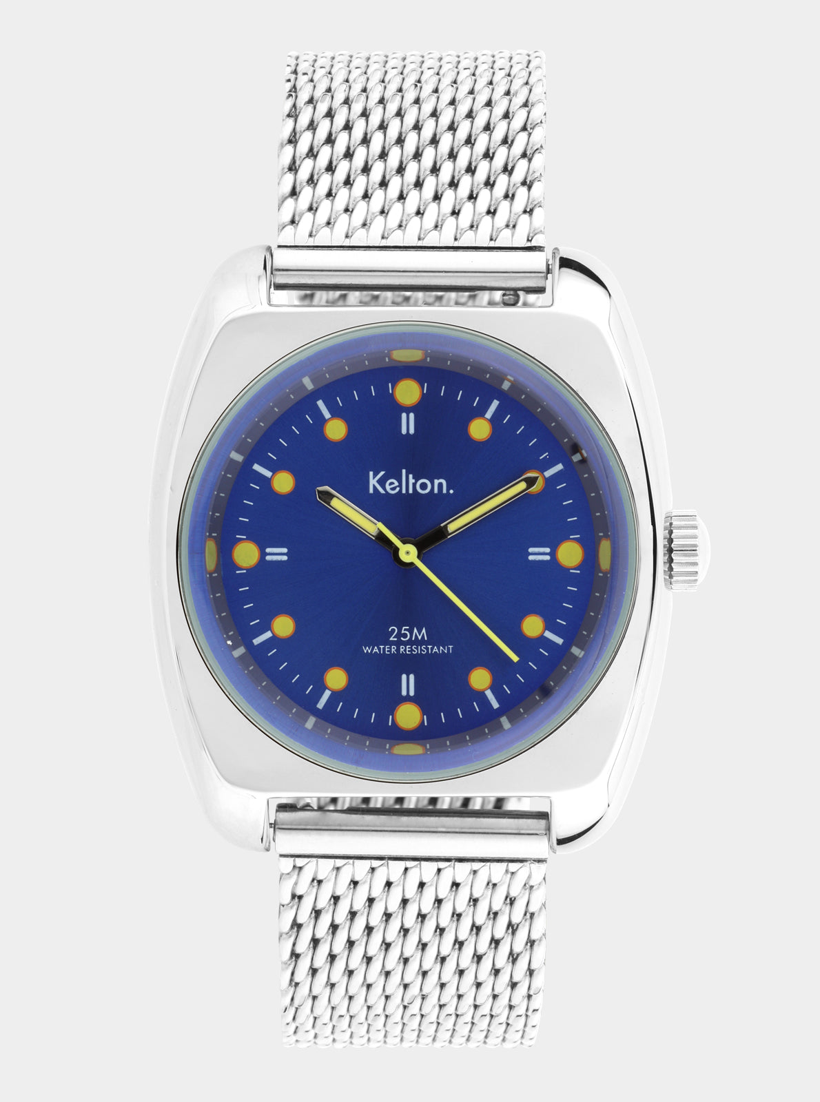 Image of Montre RC2 à cadran bleu avec aiguilles et index jaunes, bracelet maille argenté.