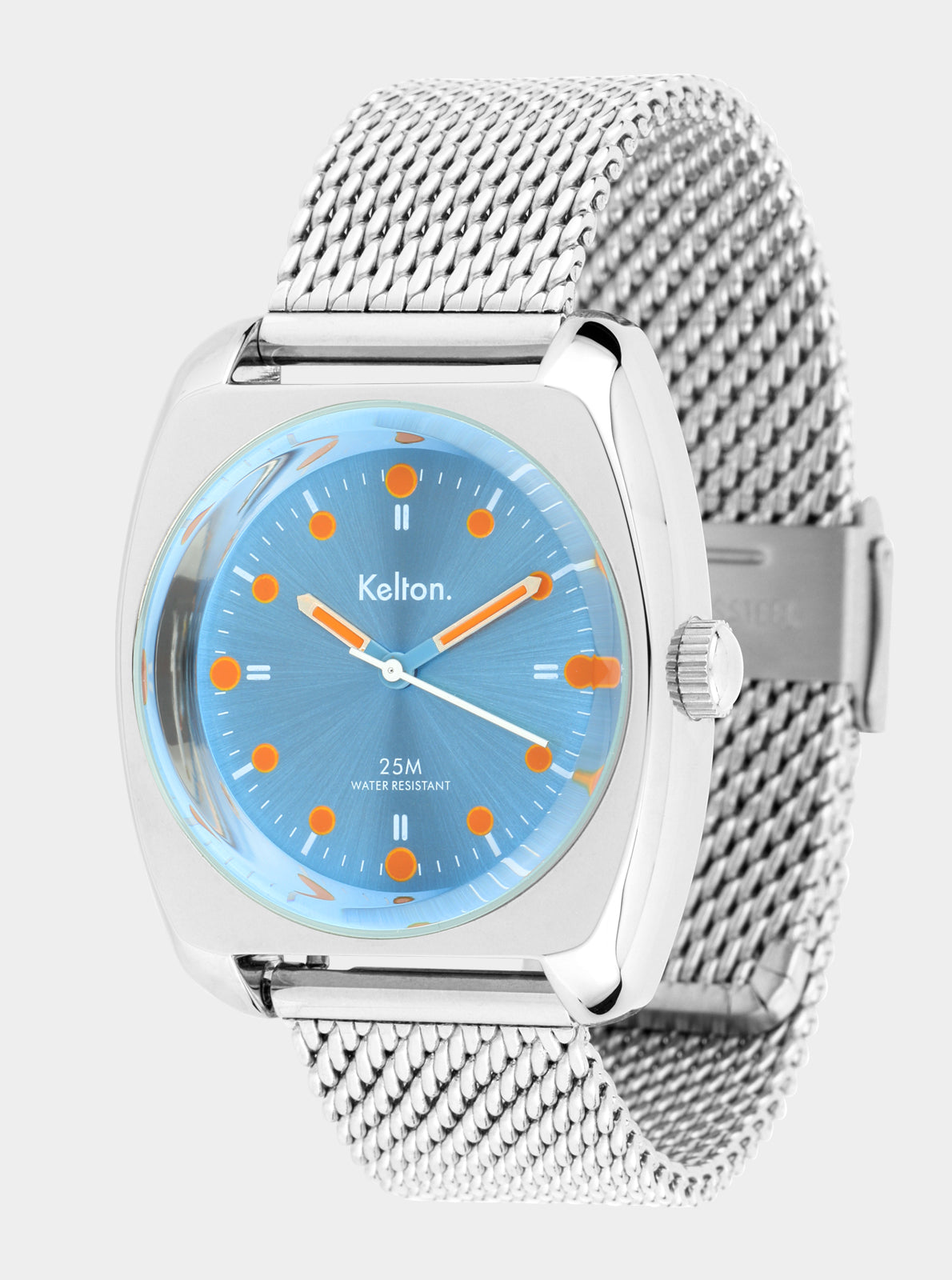 Image of Montre Kelton cadran bleu et index orange, bracelet en maille métallique, vue de côté