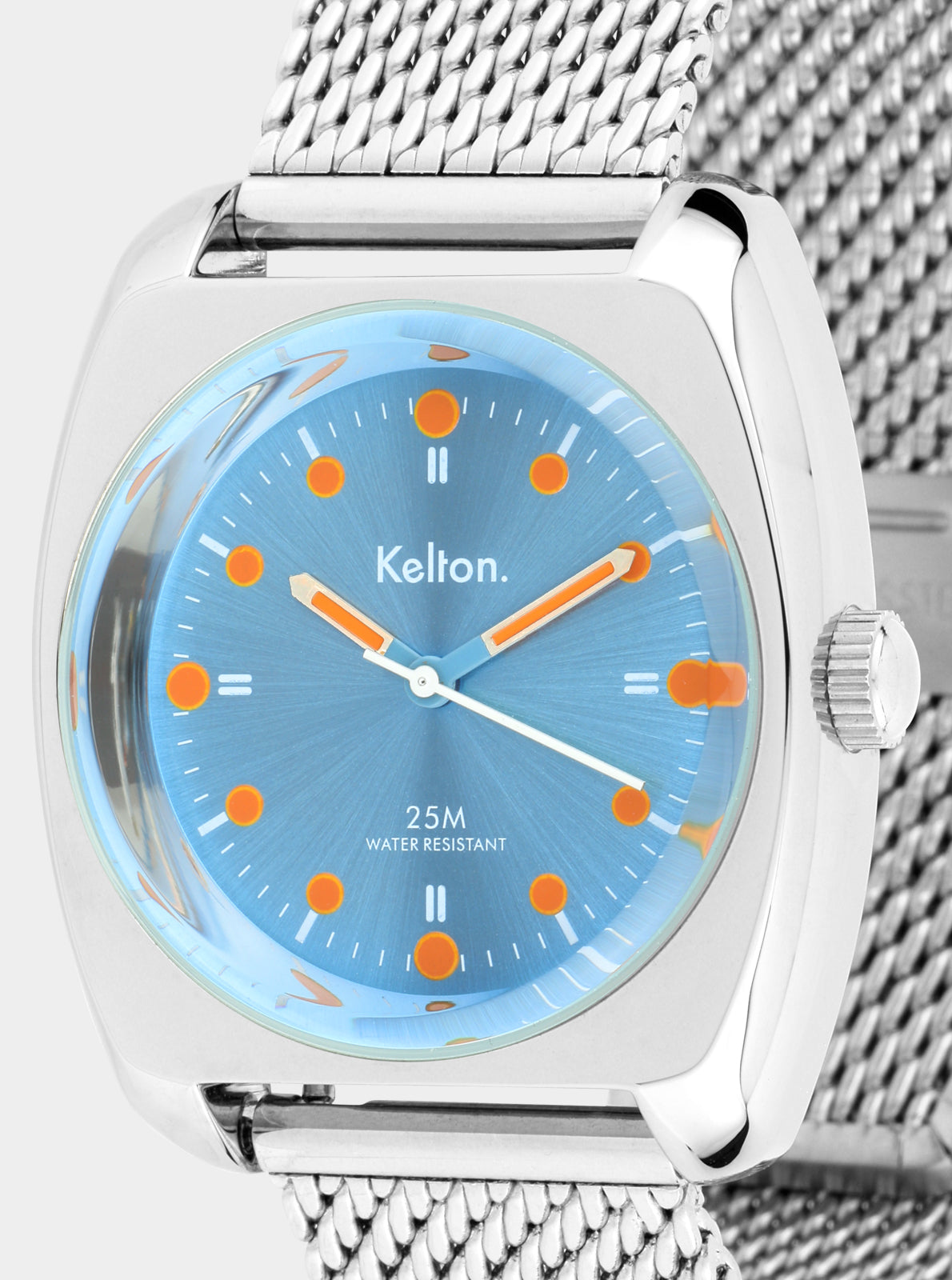 Image of Montre Kelton cadran bleu, aiguilles blanches et index orange, bracelet maille