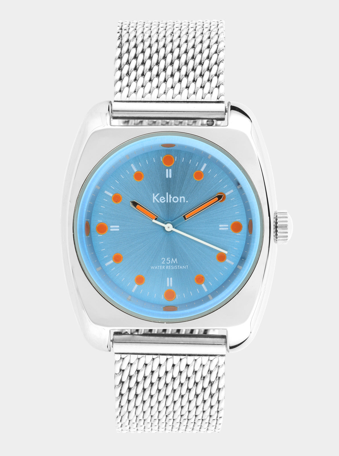 Image of Montre Kelton à cadran bleu avec index orange et bracelet en maille métallique