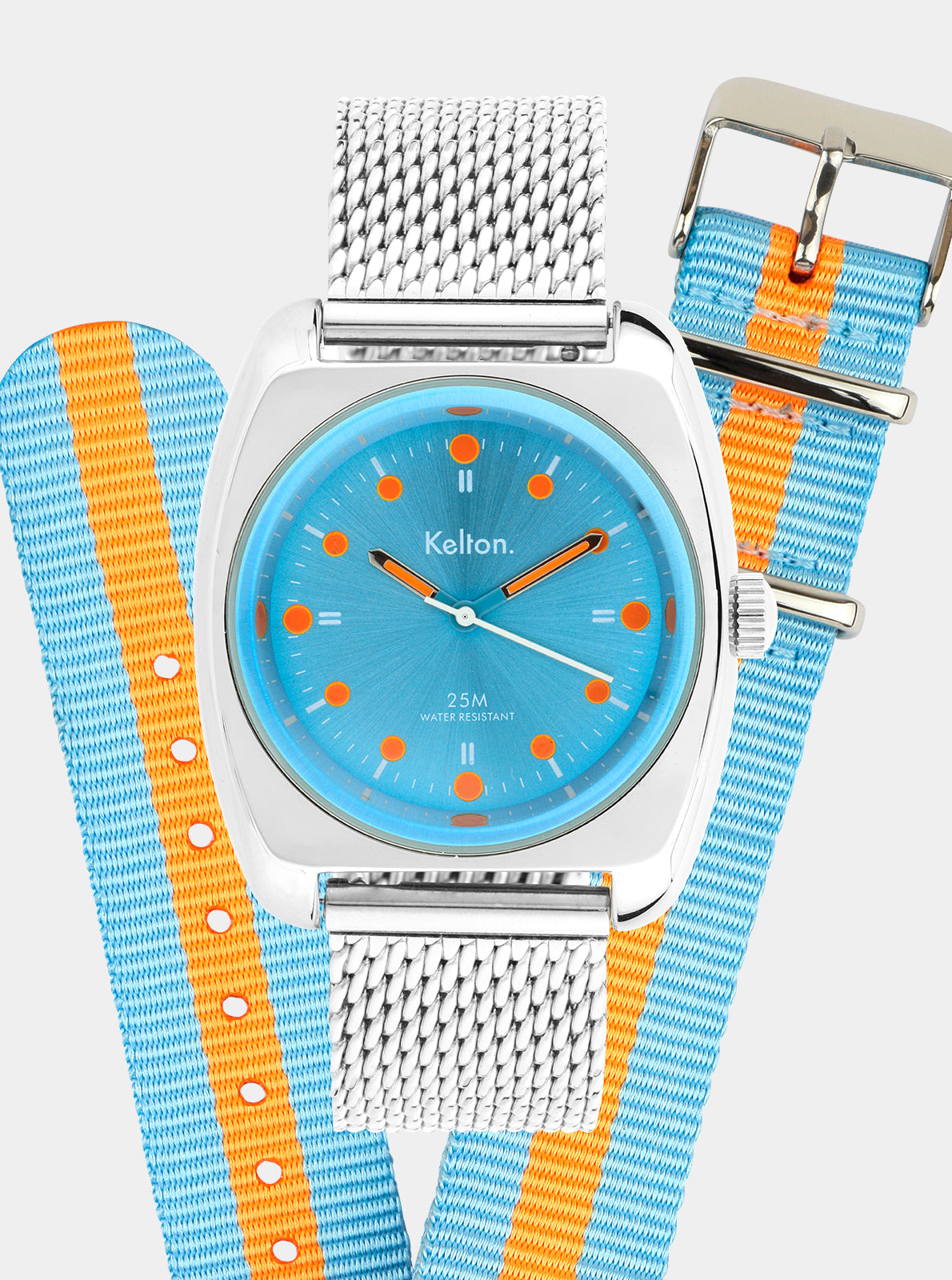 Image of Montre RC2 cadran bleu à index orange, bracelet maille argenté et lanière bleue/orange