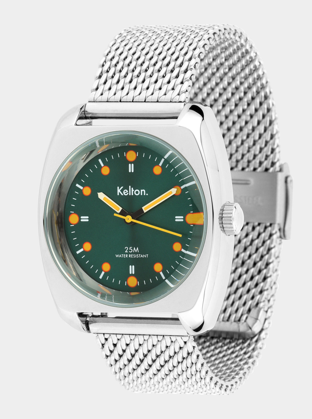 Image of Montre Kelton cadran vert, boîtier blanc, bracelet mesh acier en maille