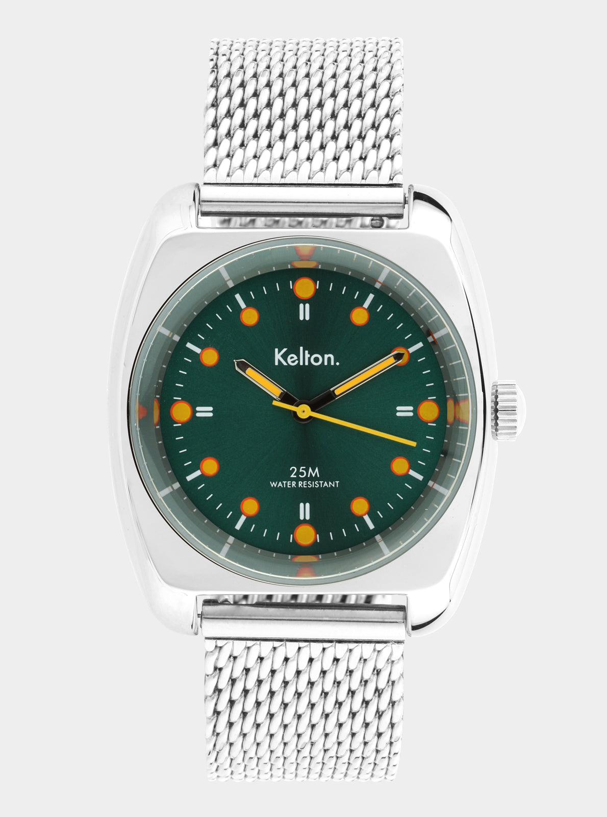 Image of Montre Kelton à cadran vert, index orange, bracelet métal maille argent.
