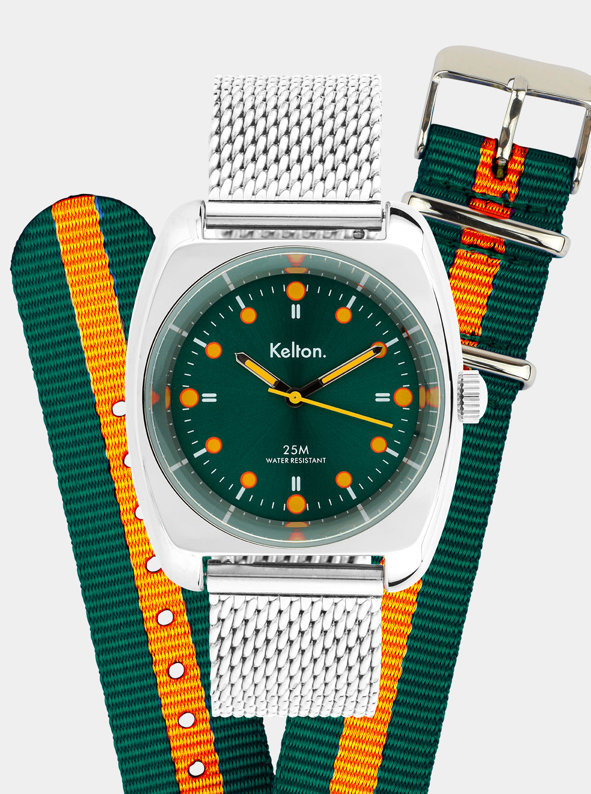 Image of Montre Kelton cadran vert, boîtier blanc, bracelet mesh argent et nato vert/orange rayé