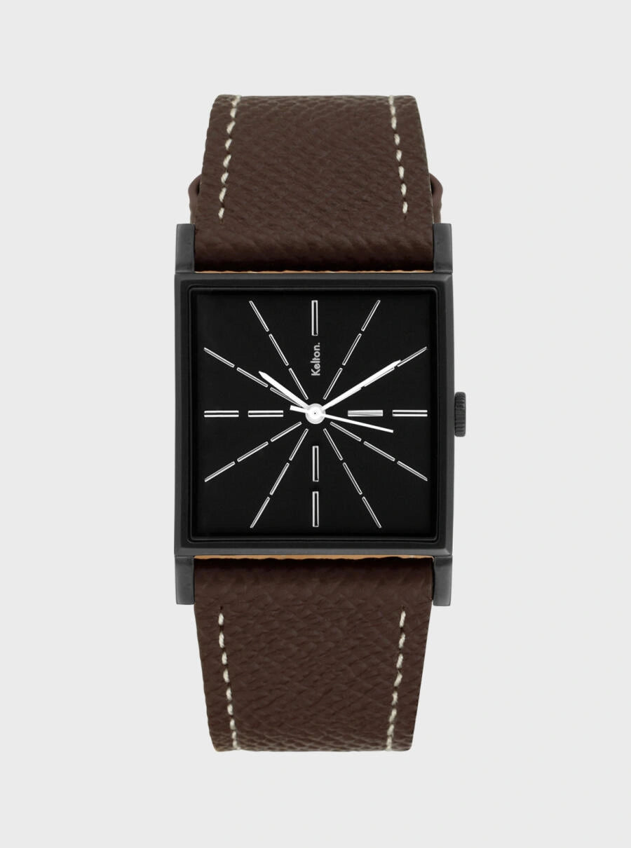 Image of Montre Blackstar Epsom, bracelet en cuir chocolat, cadran carré noir à aiguilles